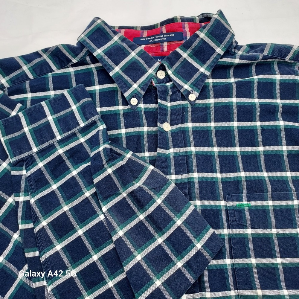 Tommy Hilfiger Mens XL Long Sleeve Plaid Button Down Shirt Navy Green Cotton